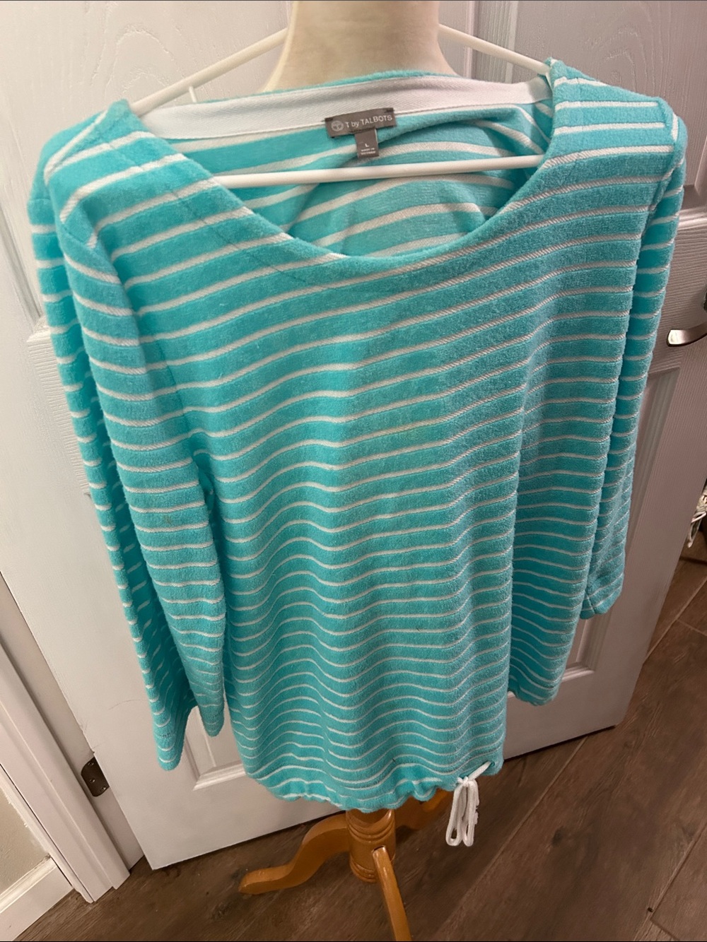 Talbots Aqua and White Striped Lightweight Knit Top